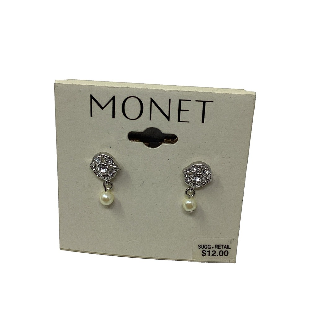 Elegant MONET Faux Pearl & Rhinestone Post Earrings-New-Still On Card